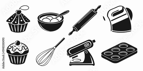 collection of baking tools and desserts Vector
