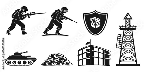 military icons including soldiers, tank, and lighthouse Vector