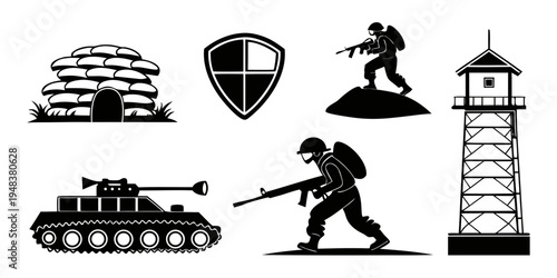 military icons including soldier tank and lighthouse Vector