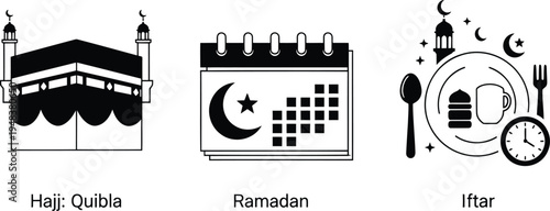 Symbols of islamic culture and practices illustrated in simple graphics