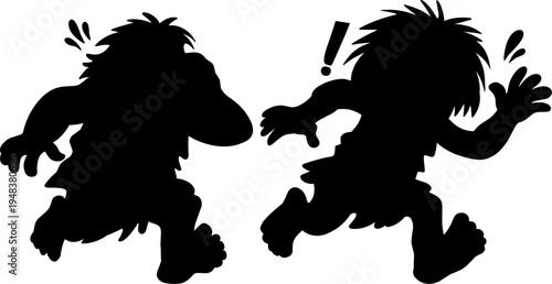 Caveman silhouette set in panicked and running poses.for historical education, stone age humor, or primitive-themed graphic design projects.