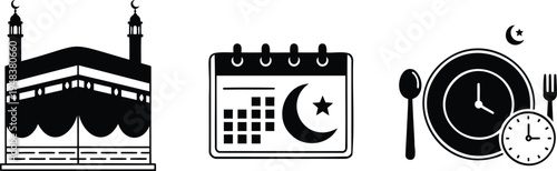 Islamic symbols and icons representing the holy mosque, calendar, and prayer times