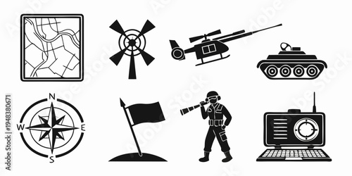 military icons including helicopter, tank, and soldier Vector