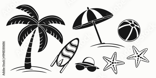 black and white beach icons including palm tree and surfboard Vector