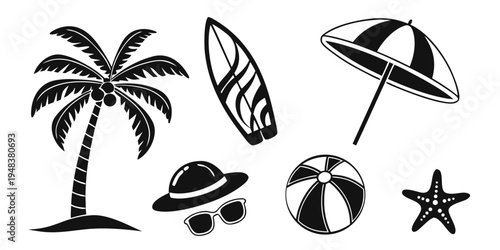 black and white beach icons including palm tree and umbrella Vector