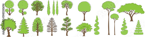 Large collection of unique various green tree types in hand drawn doodle style, architectural garden vegetation set, diverse forest plants and topiary icons for landscape design