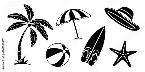a collection of beach icons including palm tree and surfboard Vector