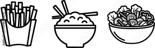 Selection of side dish icons including french fries rice bowl and salad