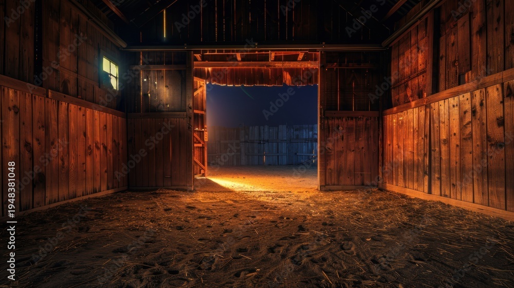 Fototapeta premium Empty Wooden Barn Interior with Open Doors and Dramatic Lighting