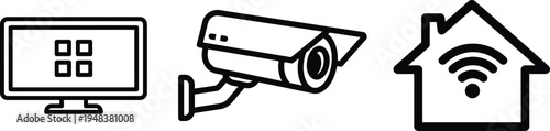 Vector icons of monitor, security camera, and smart home with wifi symbol