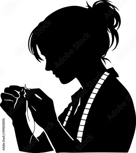 silhouette of a women tailor threading a needle in black and white silhouette vector with transparent background  