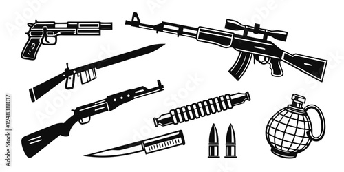 assorted firearms and weapons on a white background Vector