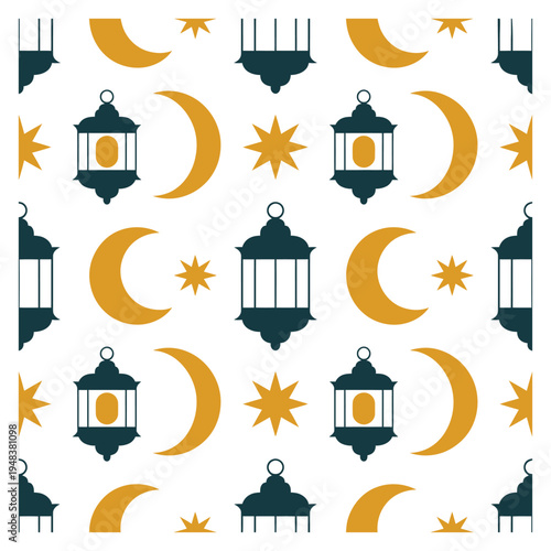 Islamic pattern with crescent moons lanterns and stars