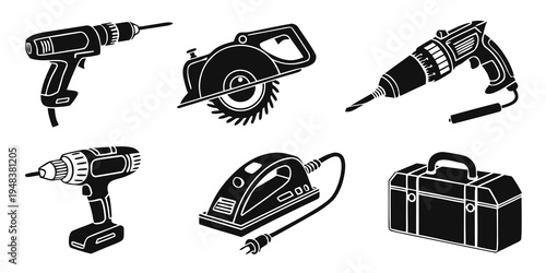 set of black and white icons of power tools Vector