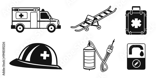 medical emergency icons including ambulance and equipment Vector