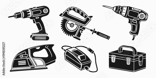 a collection of power tools and an iron Vector