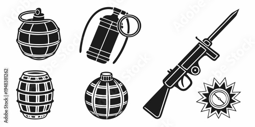 a collection of explosive weapons and a rifle Vector