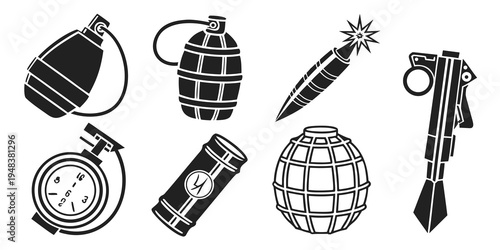 a collection of various explosive devices and a pocket watch Vector