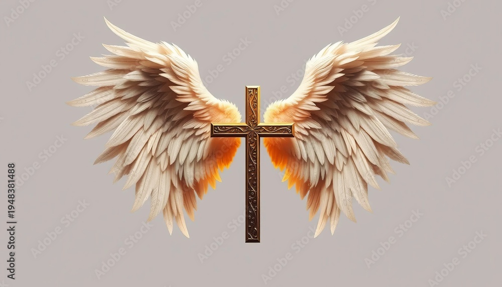 Obraz premium A symbolic image of a cross with angel wings on a gray background representing faith and spirituality
