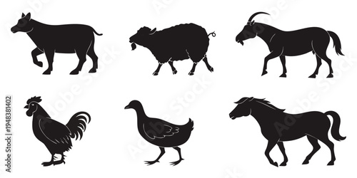 six farm animals in silhouette walking on white Vector