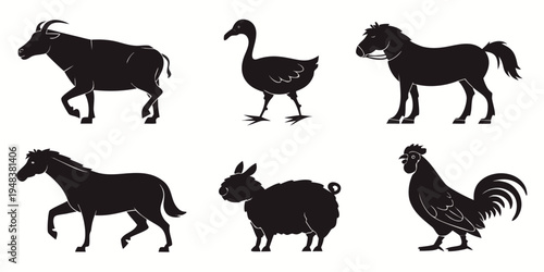 black silhouettes of farm animals and a goose Vector