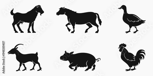 black silhouettes of farm animals Vector