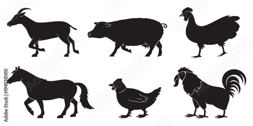 black silhouettes of farm animals Vector