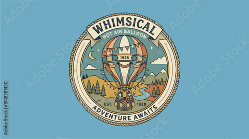 Whimsical Hot Air Balloon Adventure Awaits Vintage Illustration.