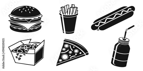 a collection of fast food items including burger and pizza Vector
