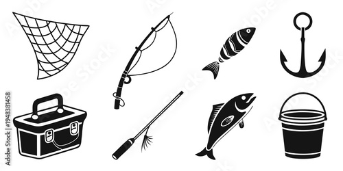 a collection of fishing gear and fish Vector