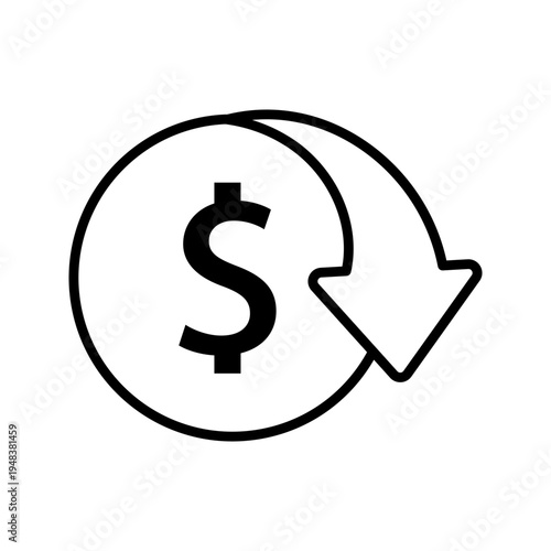 Minimal outline icon of dollar symbol with circular arrow representing currency exchange, money transfer, financial transaction, and exchange rate concept.