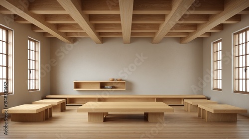 Minimalist interior space features extensive exposed wooden beams and low wooden furnishings.