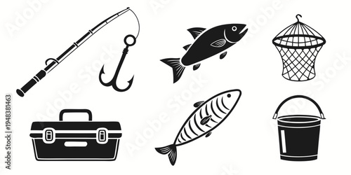 black and white icons of fishing equipment and fish Vector