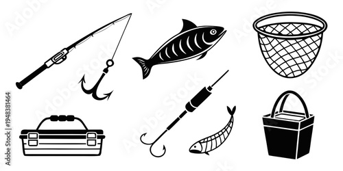 a collection of fishing gear and fish Vector