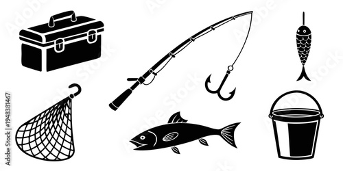 a collection of fishing gear and tackle Vector