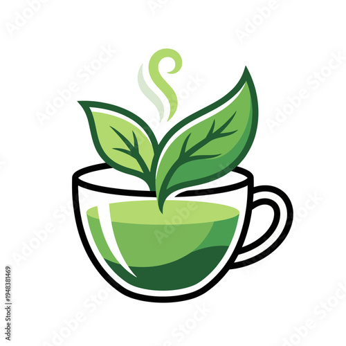 This charming illustration features a steaming tea cup with green leaves emerging, representing freshness and relaxation associated with herbal tea and its calming effects on wellness.