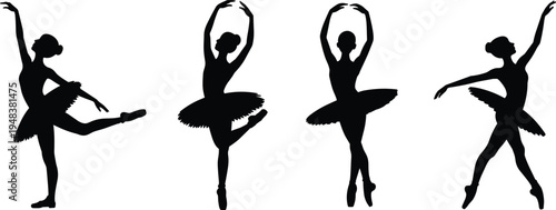 WebElegant ballet dancer silhouettes in classical poses wearing tutus, showcasing graceful movement, balance, and artistry on a white background for dance, performance, and art themes.