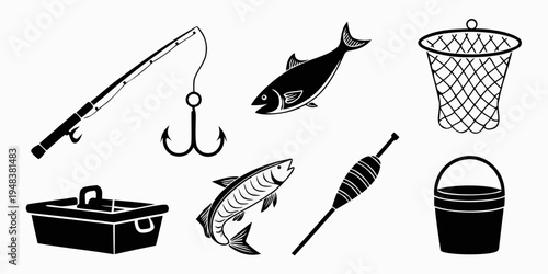 black and white illustration of fishing equipment and fish Vector