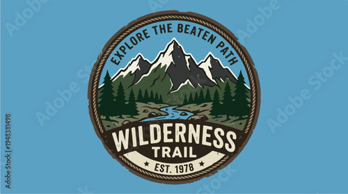Wilderness Trail Explore The Beaten Path Mountain River Forest Logo.