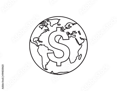A striking black and white illustration depicting a dollar sign superimposed on a globe, symbolizing global finance, international currency exchange, and economic interconnectedness worldwide