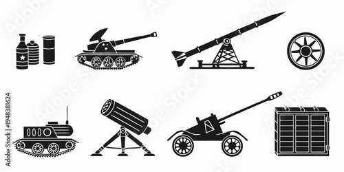 collection of various military artillery and equipment Vector