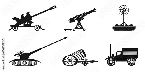 six different types of military vehicles and artillery Vector