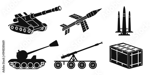 military vehicles and weapons on display Vector