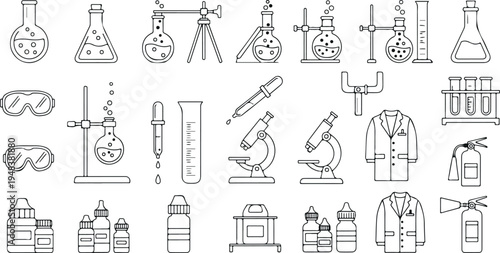 Laboratory science equipment line icons set including flask microscope test tubes lab coat goggles and chemistry research tools vector collection