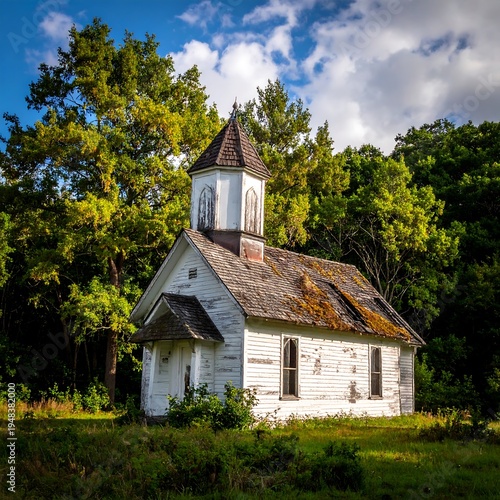 Weathered white church in overgrown field. Lush green trees behind under a partly cloudy sky
