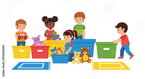 Four diverse children are actively tidying up a playroom, organizing toys like cars, blocks, and teddy bears into colorful storage bins, and arranging rugs.