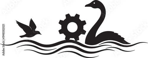 Black silhouette of a bird flying over waves next to a gear and a swan on water also transparent background