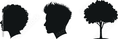 Male and female profile silhouettes with tree icon vector set isolated on light background for identity, nature concept, and graphic design
