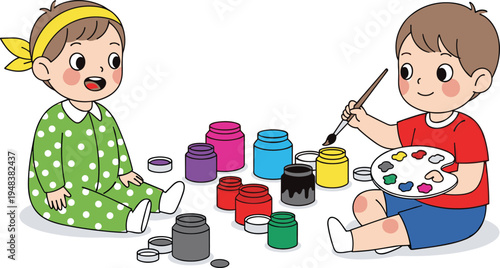 Cartoon set of little boy and girl characters sitting on floor playing with colorful paint jars and artist paint palette
