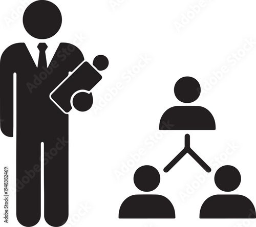 Black silhouette of a man in a suit holding a tablet next to a simple organizational chart with three figures also transparent background